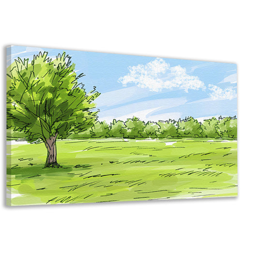 Serene Boom en Grasveld Onder Blauwe Lucht canvas
