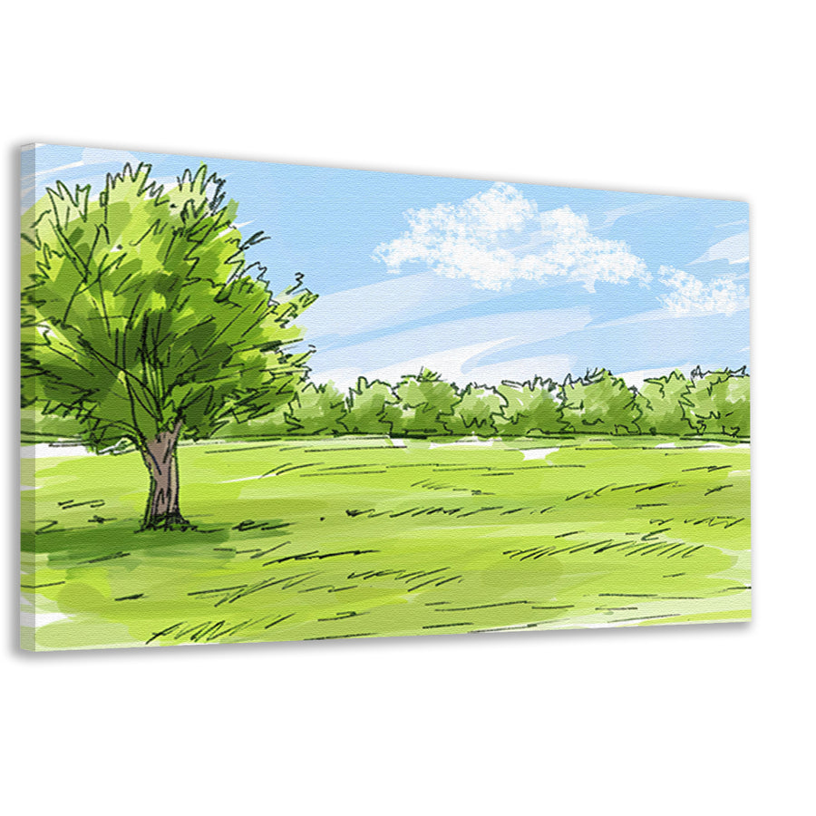 Serene Boom en Grasveld Onder Blauwe Lucht canvas