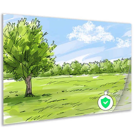 Serene Boom en Grasveld Onder Blauwe Luchtposter