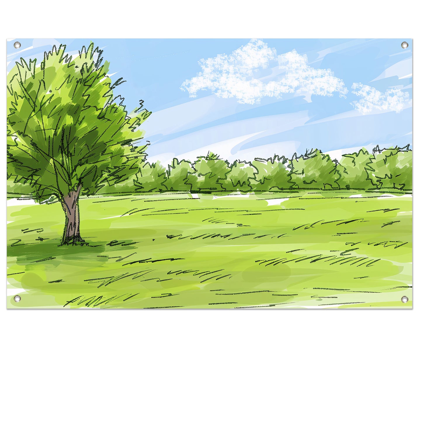 Serene Boom en Grasveld Onder Blauwe Lucht tuinposter