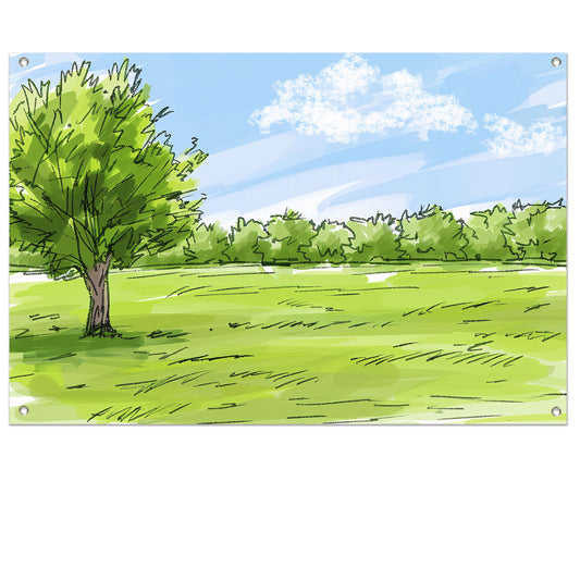 Serene Boom en Grasveld Onder Blauwe Lucht tuinposter