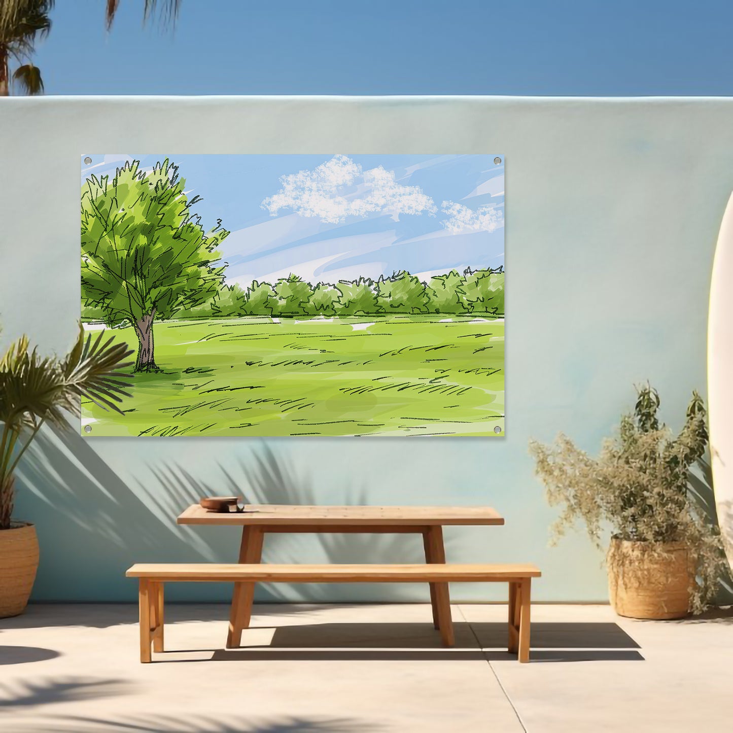 Serene Boom en Grasveld Onder Blauwe Lucht tuinposter