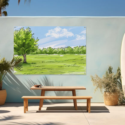 Serene Boom en Grasveld Onder Blauwe Lucht tuinposter