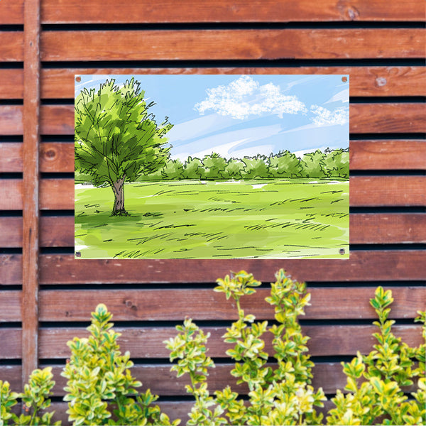 Serene Boom en Grasveld Onder Blauwe Lucht tuinposter