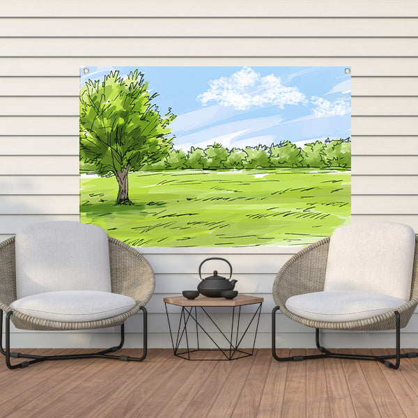 Serene Boom en Grasveld Onder Blauwe Lucht tuinposter