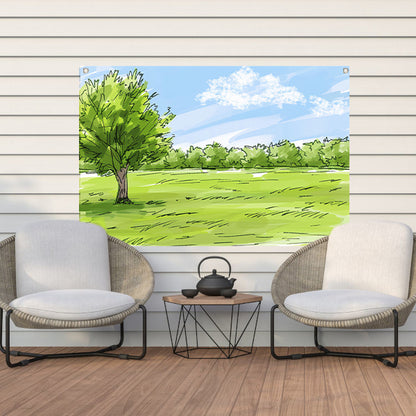 Serene Boom en Grasveld Onder Blauwe Lucht tuinposter