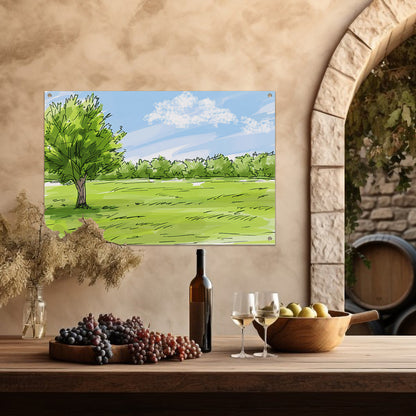 Serene Boom en Grasveld Onder Blauwe Lucht tuinposter
