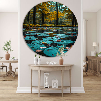 Herfstreflectie in een Vijver vol Waterlelies aluminium muurcirkel