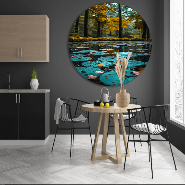 Herfstreflectie in een Vijver vol Waterlelies aluminium muurcirkel