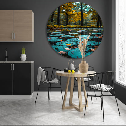 Herfstreflectie in een Vijver vol Waterlelies aluminium muurcirkel