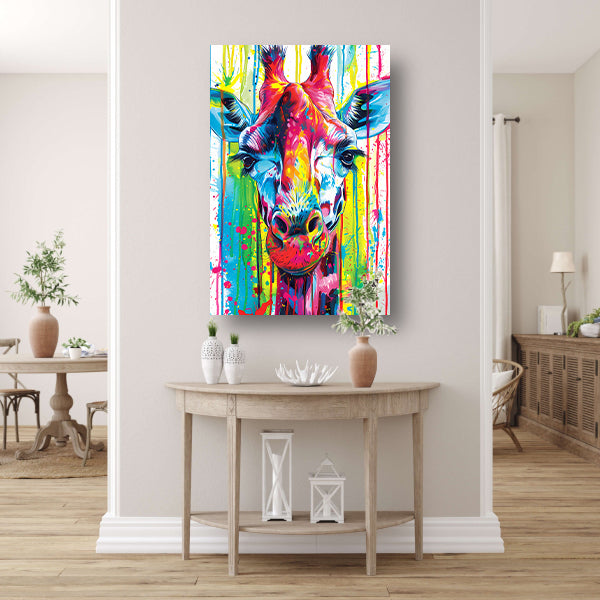 Kleurrijke giraffe met abstracte verfspetters poster