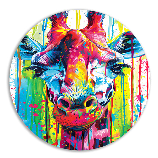 Kleurrijke giraffe met abstracte verfspetters aluminium muurcirkel