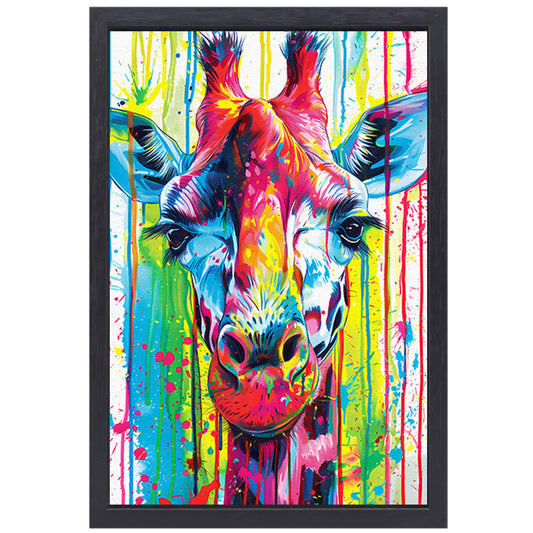 Kleurrijke giraffe met abstracte verfspetters canvas met baklijst
