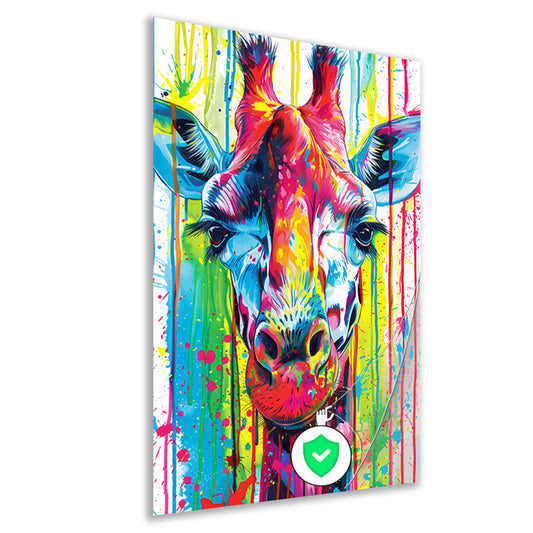 Kleurrijke giraffe met abstracte verfspetters poster