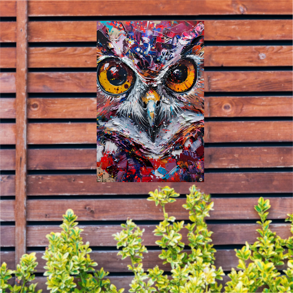 Abstracte, kleurrijke uil met dynamische verfexplosies tuinposter