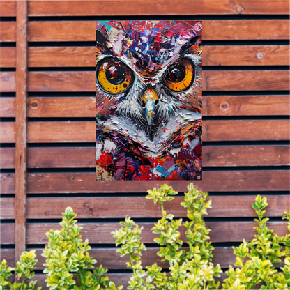 Abstracte, kleurrijke uil met dynamische verfexplosies tuinposter
