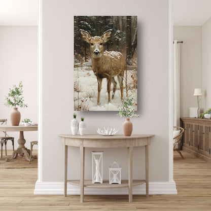 Realistisch schilderij van hert in besneeuwd bos canvas met baklijst