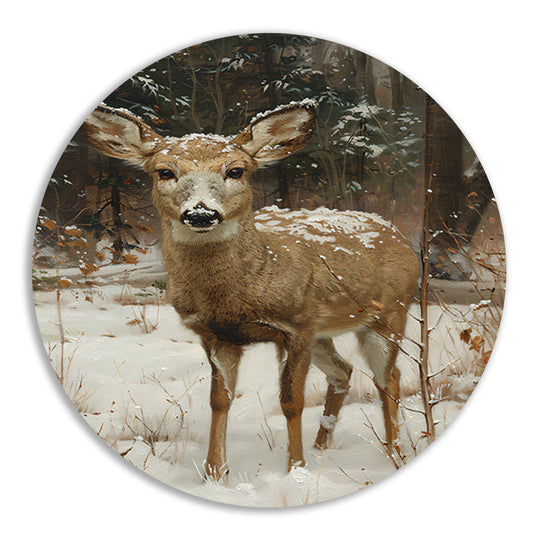 Realistisch schilderij van hert in besneeuwd bos aluminium muurcirkel