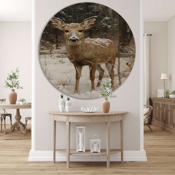 Realistisch schilderij van hert in besneeuwd bos aluminium muurcirkel