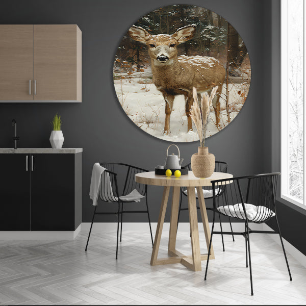 Realistisch schilderij van hert in besneeuwd bos forex muurcirkel