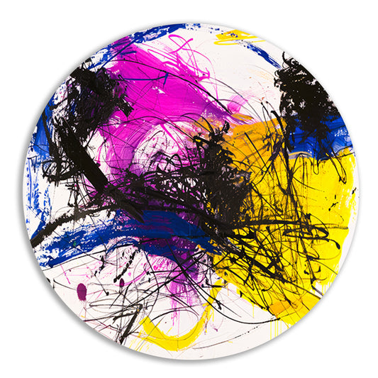 Levendig abstract schilderij met dynamische kleuren aluminium muurcirkel