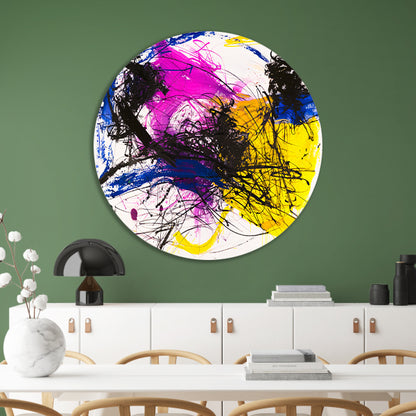 Levendig abstract schilderij met dynamische kleuren aluminium muurcirkel
