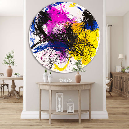 Levendig abstract schilderij met dynamische kleuren aluminium muurcirkel