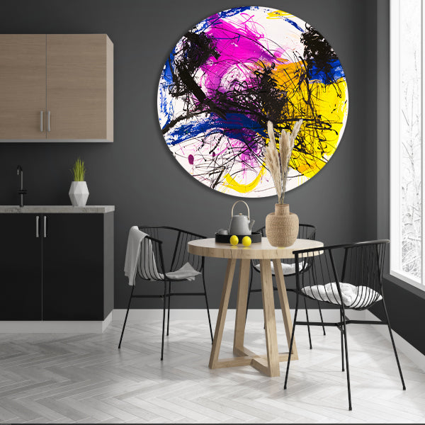 Levendig abstract schilderij met dynamische kleuren aluminium muurcirkel