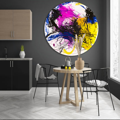 Levendig abstract schilderij met dynamische kleuren aluminium muurcirkel
