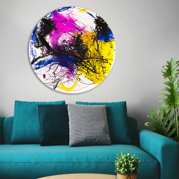 Levendig abstract schilderij met dynamische kleuren aluminium muurcirkel