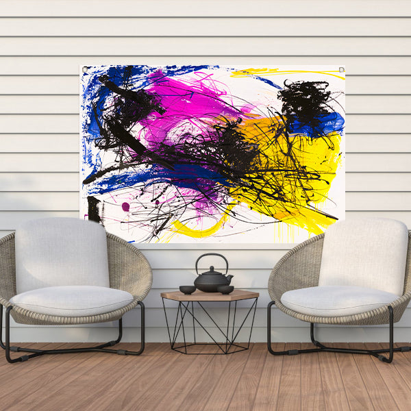 Levendig abstract schilderij met dynamische kleuren tuinposter