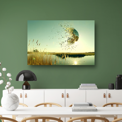 Zwevende wereldbol boven water poster