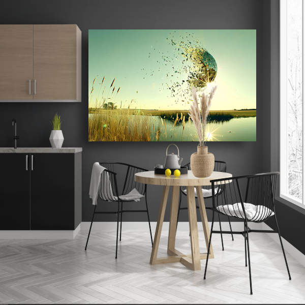 Zwevende wereldbol boven water poster