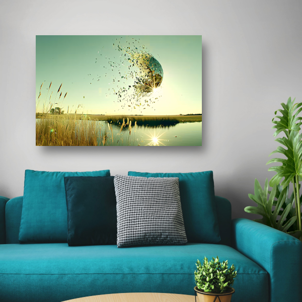 Zwevende wereldbol boven water poster