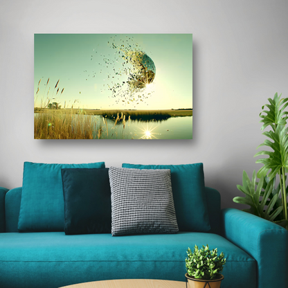 Zwevende wereldbol boven water poster