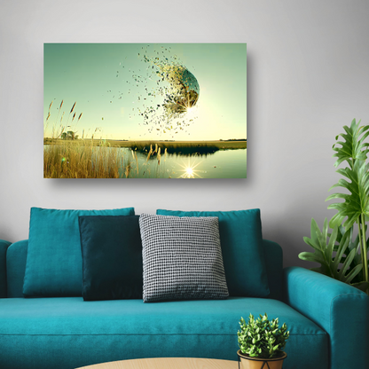 Zwevende wereldbol boven water acrylglas