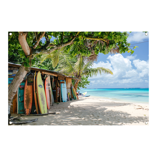 Eclectische Surfshop aan het Tropische Strand tuinposter