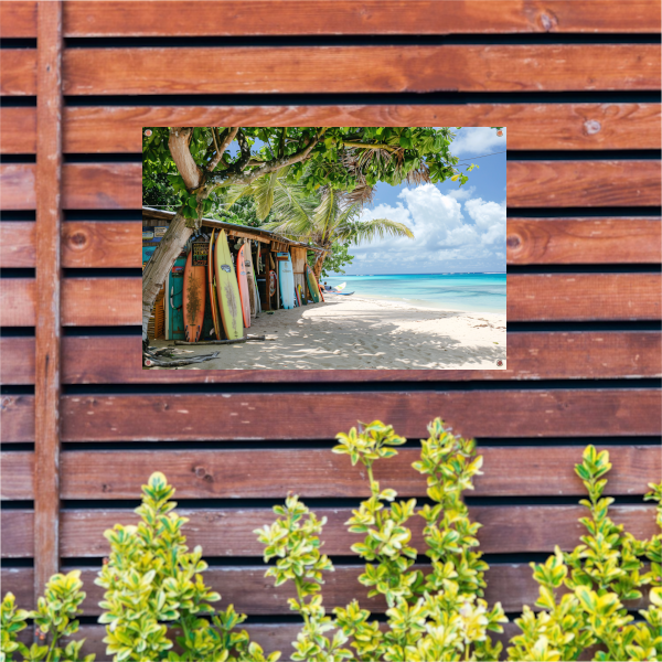 Eclectische Surfshop aan het Tropische Strand tuinposter