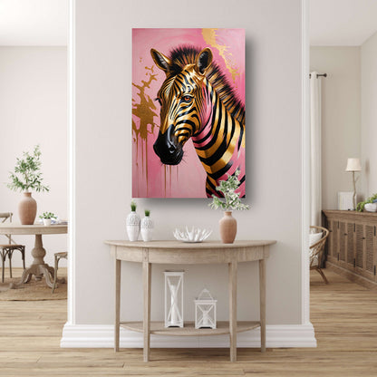 Gouden Zebra met Roze Achtergrond Kunstwerk canvas