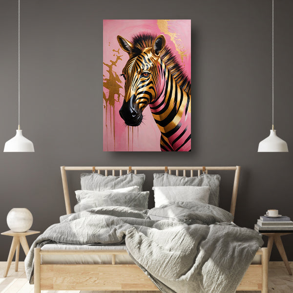 Gouden Zebra met Roze Achtergrond Kunstwerk poster