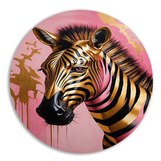 Gouden Zebra met Roze Achtergrond Kunstwerk aluminium muurcirkel