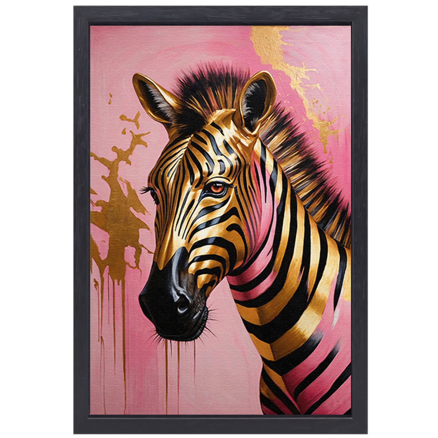 Gouden Zebra met Roze Achtergrond Kunstwerk canvas met baklijst
