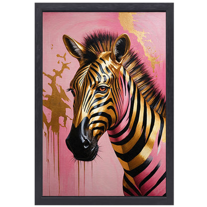 Gouden Zebra met Roze Achtergrond Kunstwerk canvas met baklijst