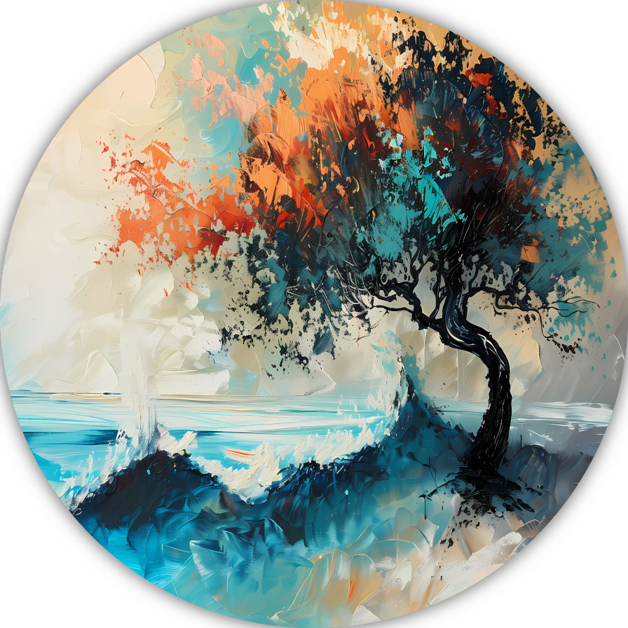 Expressieve Abstracte Boom aan Zee met Levendige Kleuren forex muurcirkel