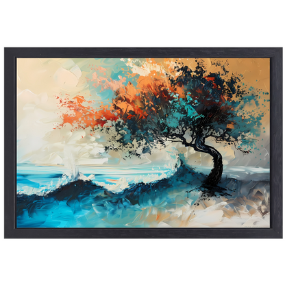 Expressieve Abstracte Boom aan Zee met Levendige Kleuren canvas met baklijst
