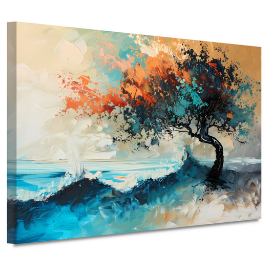 Expressieve Abstracte Boom aan Zee met Levendige Kleuren canvas