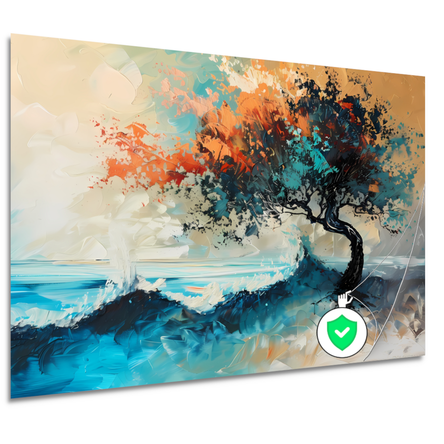 Expressieve Abstracte Boom aan Zee met Levendige Kleuren poster
