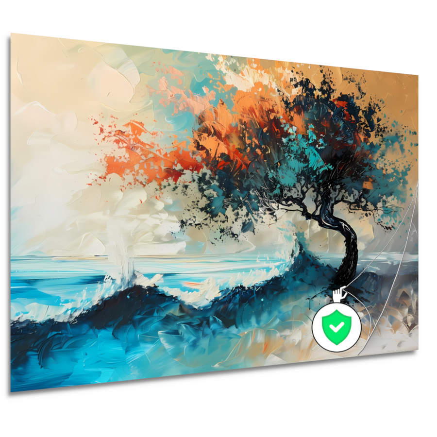 Expressieve Abstracte Boom aan Zee met Levendige Kleuren poster
