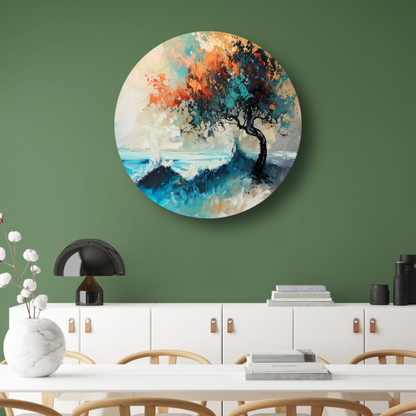 Expressieve Abstracte Boom aan Zee met Levendige Kleuren aluminium muurcirkel