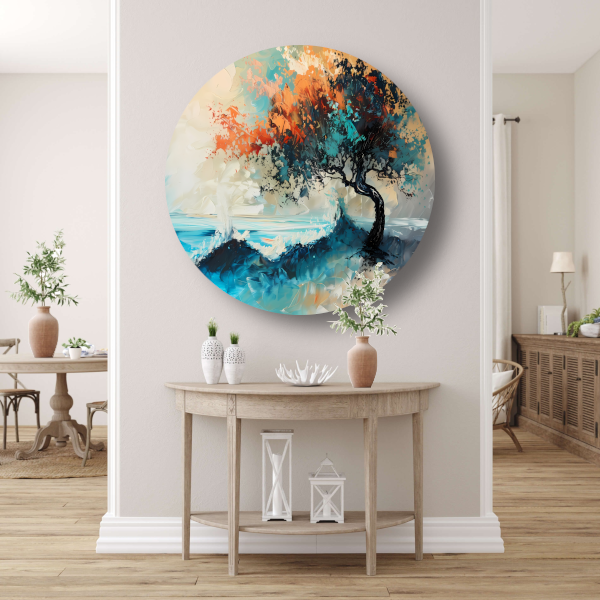 Expressieve Abstracte Boom aan Zee met Levendige Kleuren aluminium muurcirkel